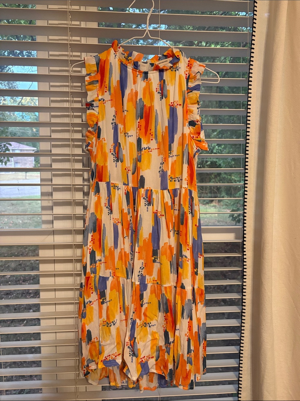 Sleeveless Abstract Brushstroke Tiered Dress in Orange & Blue